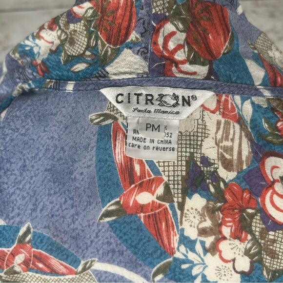 Citron Santa Monica Smoke Blue Floral Open Front Silk Jacket Size Medium Petite - Picture 7 of 8